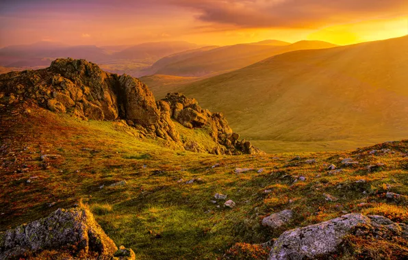 Picture the sky, clouds, sunset, mountains, stones