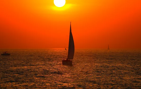 Sea, the sky, the sun, sunset, boat, sail, outer