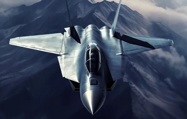 Mountains, The plane, Flight, Fighter, Clouds, Front, Digital art, AI art