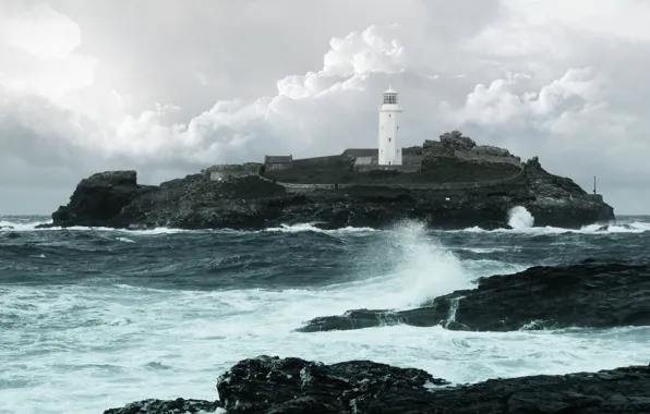 Lighthouse, island, Storm