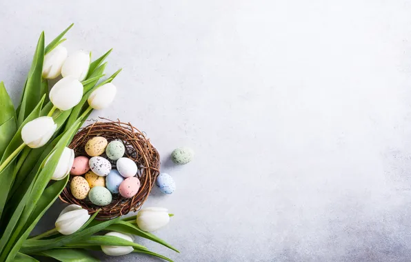 Picture flowers, eggs, spring, Easter, tulips, white, happy, flowers