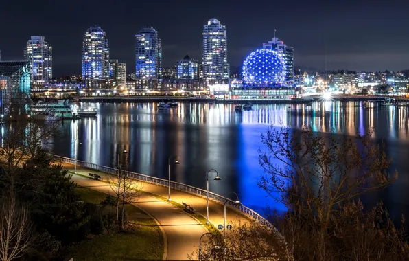 Night, the city, lights, river, building, road, skyscrapers, boats