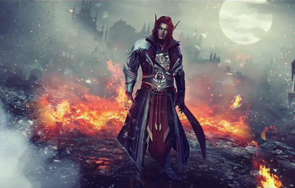 Picture fire, elf, red, MAG, male, ruins, World of Warcraft, Warcraft