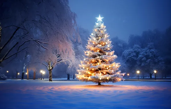 Winter, snow, decoration, night, balls, tree, New Year, Christmas