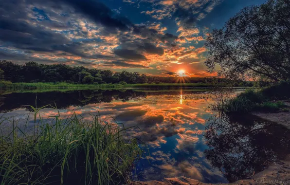 The sky, trees, sunset, river, Aleksei Malygin
