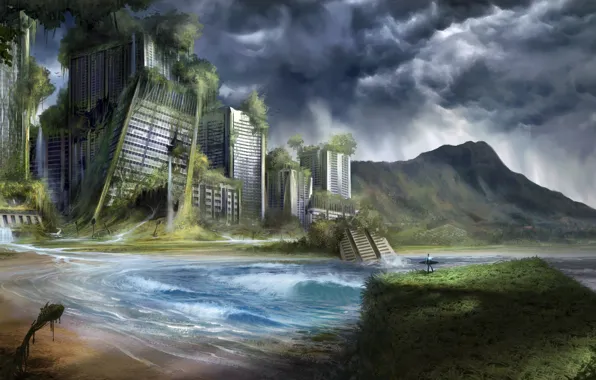 Picture sea, the city, thickets, Board, people, art, ruins, surfer