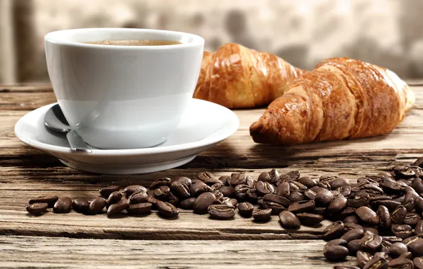 Picture coffee, coffee beans, croissants