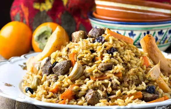 Picture meat, figure, garlic, persimmon, pilaf