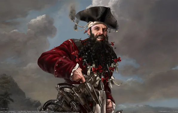Mountains, island, Black, pirate, braids, Beard, pistol, cocked hat