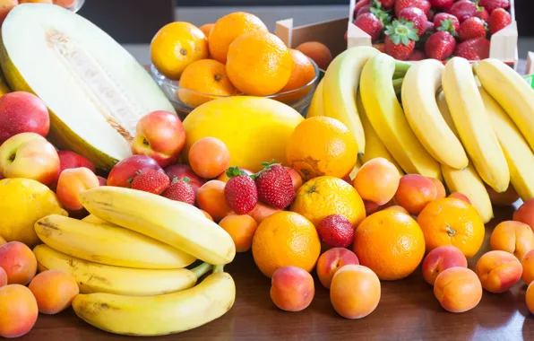 Berries, strawberry, bananas, fruit, a lot, different, melon, tangerines