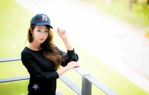 Picture look, girl, pose, cap, Asian, bokeh