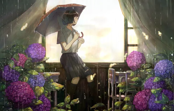 Picture girl, room, rain, hydrangea