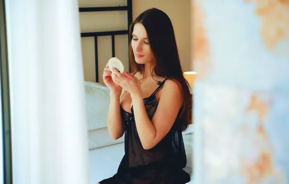 Smile, beautiful, brunette, look, bed, breasts, makeup, Elina