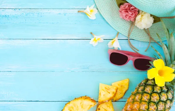 Fruit, summer, pineapple, wood, slices, fruit, pineapple, plumeria