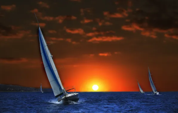Picture sea, sunset, photoshop, yachts