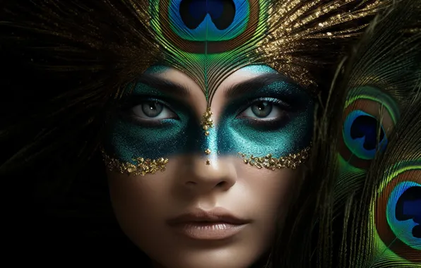 Look, girl, face, portrait, feathers, makeup, peacock, makeup