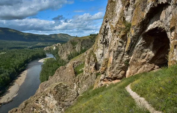 Picture landscape, mountains, nature, river, path, forest, the grotto, Khakassia