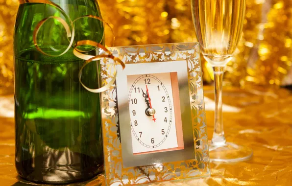 Time, glare, holiday, watch, glass, bottle, Christmas, New year