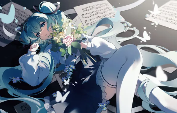 Girl, flowers, notes, Hatsune Miku, Vocaloid