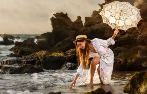 Picture sea, girl, pose, umbrella, mood, rocks, dress, hat