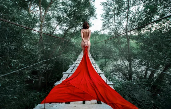 Girl, trees, bridge, pose, figure, Andrey Metelkov, Andrey Metel'kov, red matter