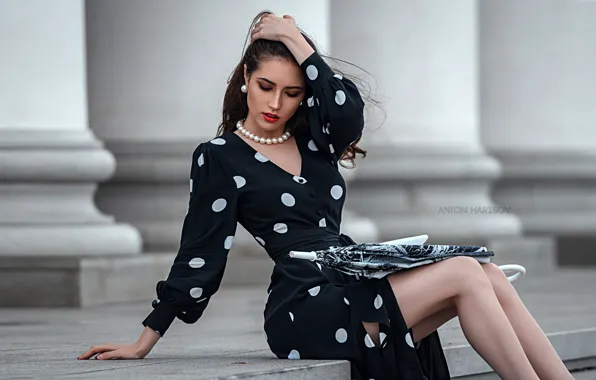 Picture pose, model, the building, portrait, umbrella, makeup, figure, dress, hairstyle, columns, beads, brown hair, legs, …