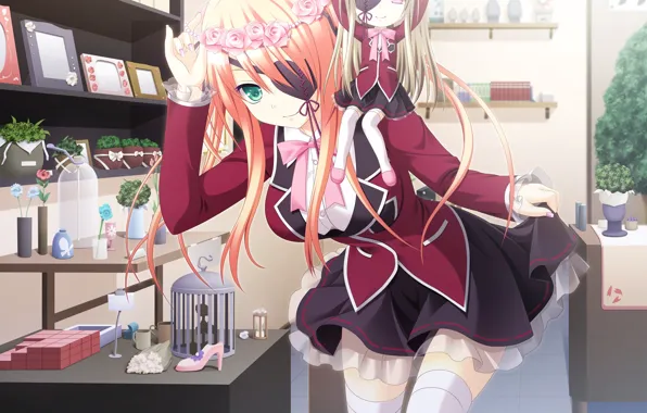Plants, stockings, doll, red, wreath, school uniform, shop, eye patch