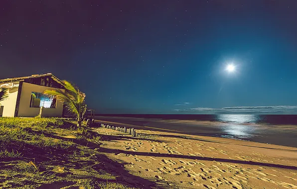Sea, beach, night, house, moonlight, Brazil, Baja, wave moon