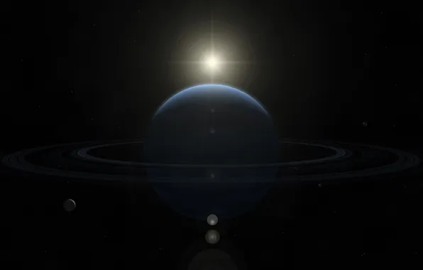 Picture the sun, stars, ring, satellites, gas giant, neptune