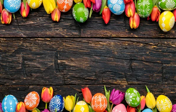 Colorful, Easter, tulips, happy, wood, flowers, tulips, spring