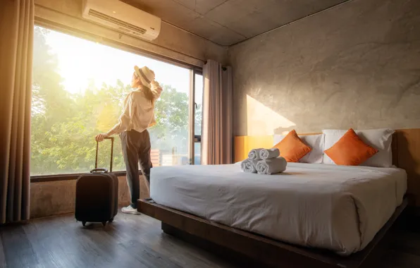 Girl, Light, Room, Asian, Window, Bed, Hat, The hotel