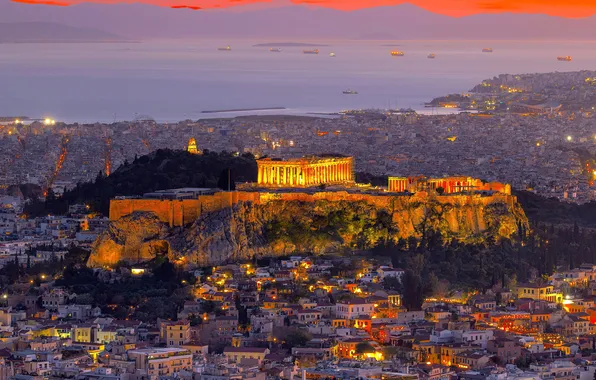City, lights, trees, sea, sunset, water, city lights, houses