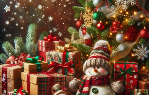 Balls, snow, snowflakes, branches, lights, tape, toys, green