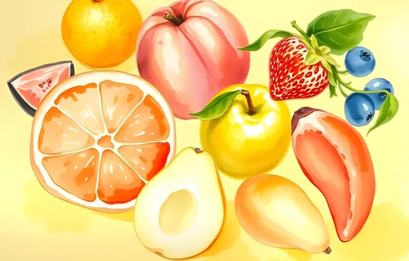 Berries, apples, oranges, blueberries, strawberry, fruit, pear, yellow background
