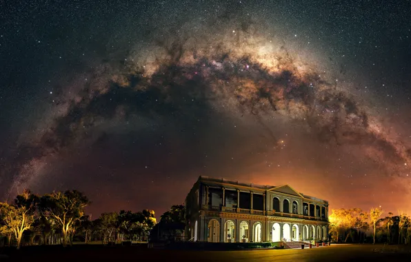 Stars, light, trees, night, the building, The milky way, starry sky