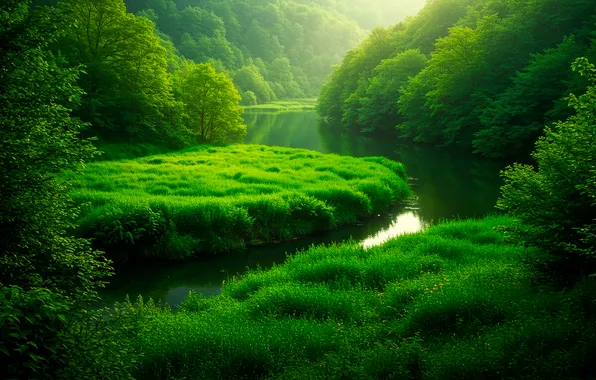 Grass, trees, mountains, nature, river, Wallpaper, haze, wallpaper