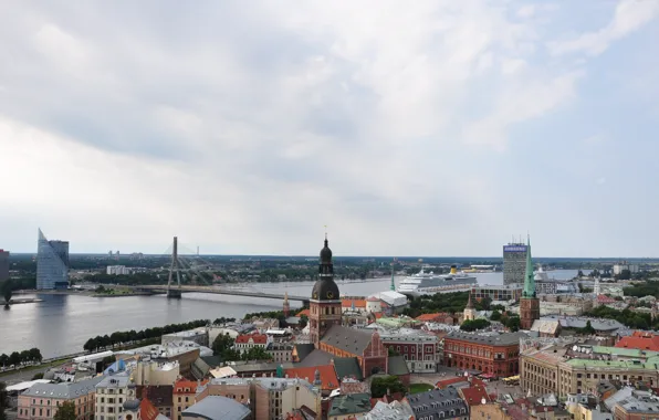 Summer, the sky, bridge, the city, river, building, Church, panorama