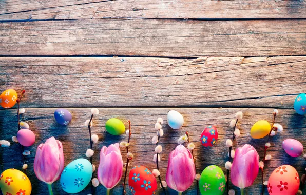 Flowers, eggs, spring, colorful, Easter, happy, wood, flowers