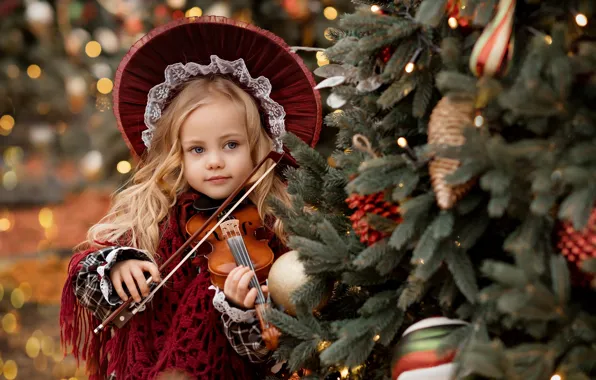 Violin, girl, tree, hat, Valentine Ermilova