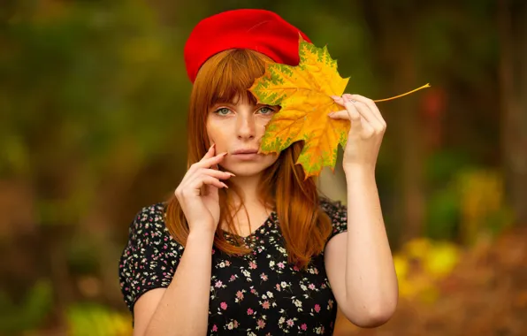 Picture autumn, look, girl, face, background, mood, hands, red