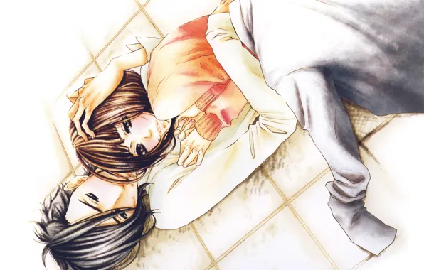 Love, hugs, pair, blush, jacket, on the floor, students, Say i love you