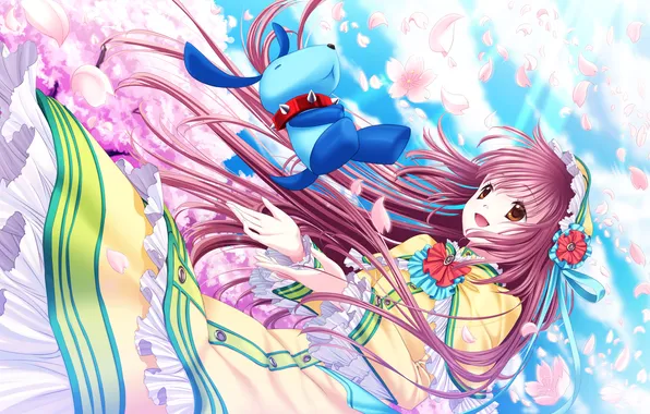 Picture girl, clouds, flowers, toy, dog, anime, petals, art