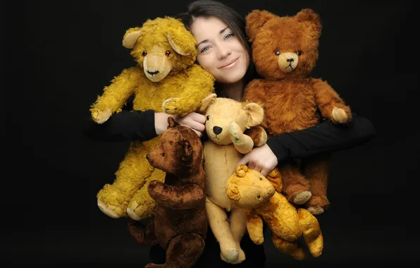 Girl, yellow, smile, red, gold, brown, beige, soft toys