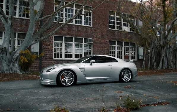 Trees, the building, Windows, silver, nissan, wheels, drives, side view