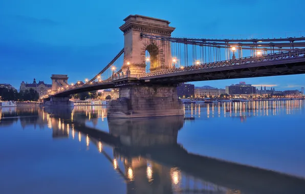 Picture bridge, lights, river, the evening, Hungary, Budapest
