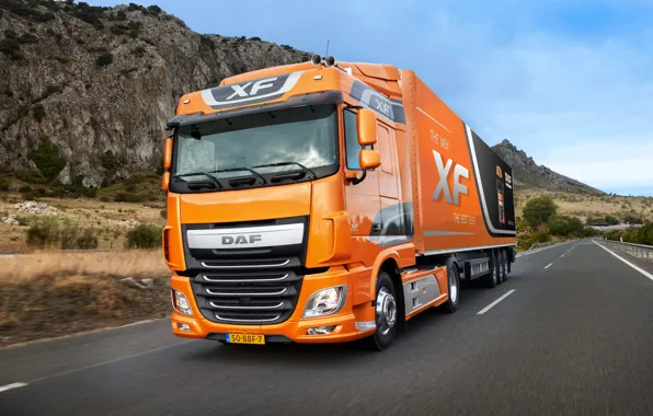 Road, asphalt, mountains, orange, cabin, the trailer, tractor, DAF