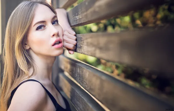 Picture look, girl, the fence, portrait, makeup, hairstyle, blonde, bokeh