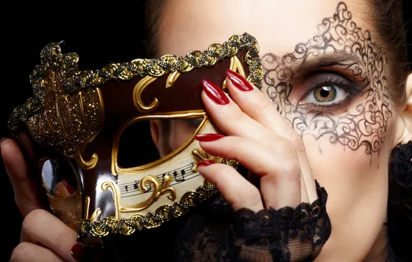 Girl, face, hands, makeup, mask, red, nails, gold
