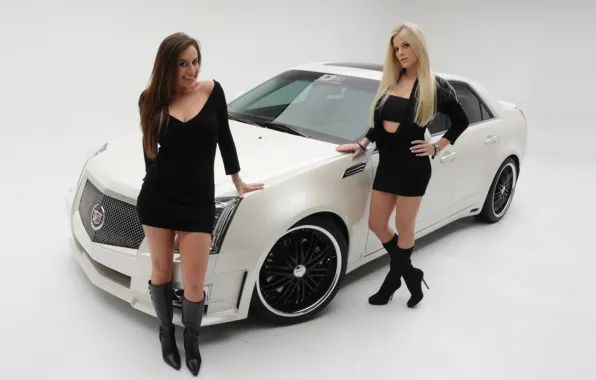 Girls, blonde and brunette, two beautiful girls, cadillac cts 2008, stand near the car, brunette …