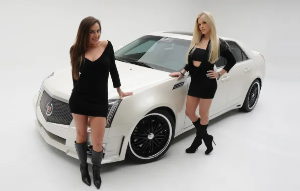 Girl, blonde and brunette, two beautiful girls, cadillac cts 2008, stand near the car, brunette …
